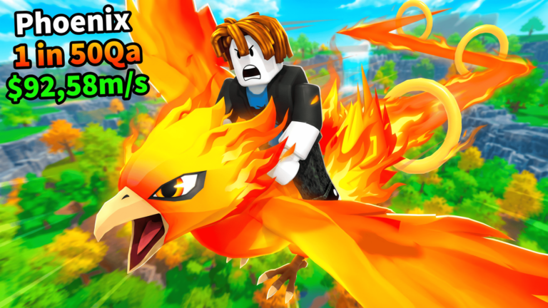 Player riding a fiery phoenix across the green Ride A Pet map